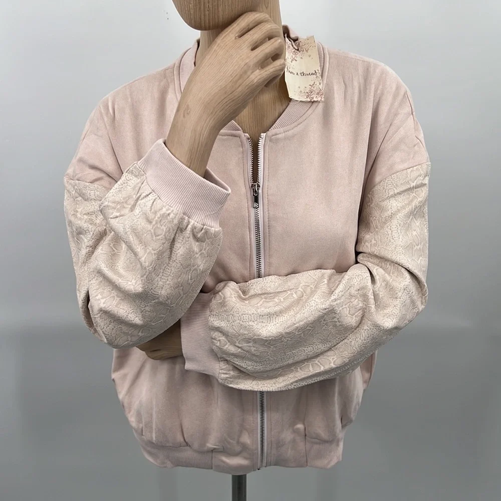 🆕Pink Bomber Jacket Snakeskin Sleeve Print New Blush Hem& Thread-Anthropologie - Picture 4 of 15